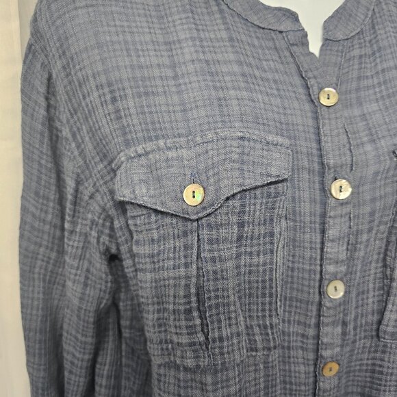 Free People Blue Plaid Blouse Peasant Boho Fringe Festival Grunge Hippie S - Picture 3 of 12